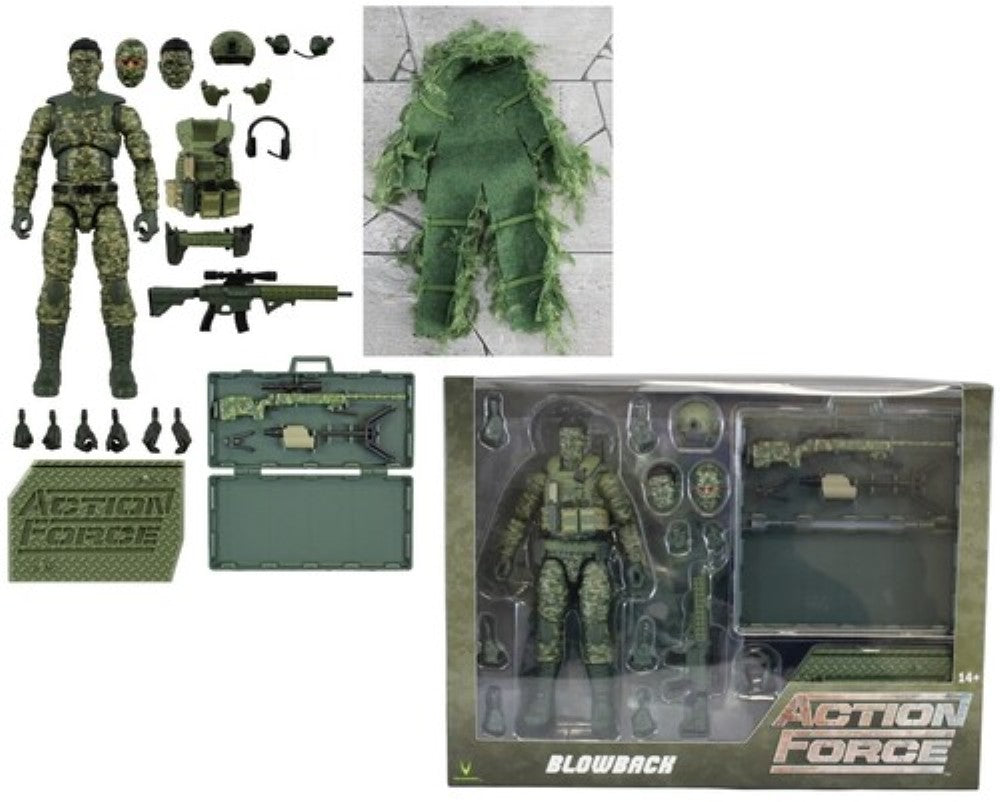 Military style action figure with camouflage outfit, weapons, accessories, and boxed packaging