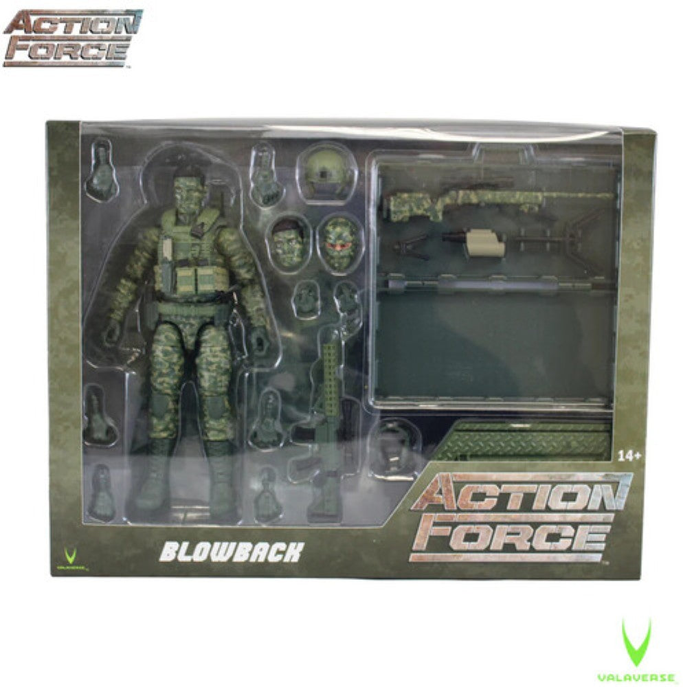 Boxed military action figure with interchangeable parts, accessories, and weapons