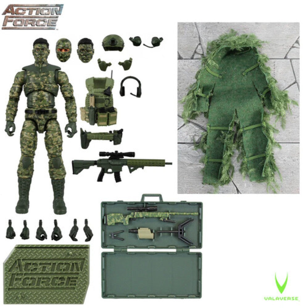 Action Force camouflaged military action figure with gear, weapons, accessories, storage case, and ghillie suit