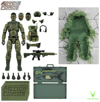 Action Force camouflaged military action figure with gear, weapons, accessories, storage case, and ghillie suit