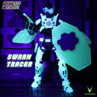 Action Force Swarm Tracer armored figure holding a rifle and large hexagon patterned shield