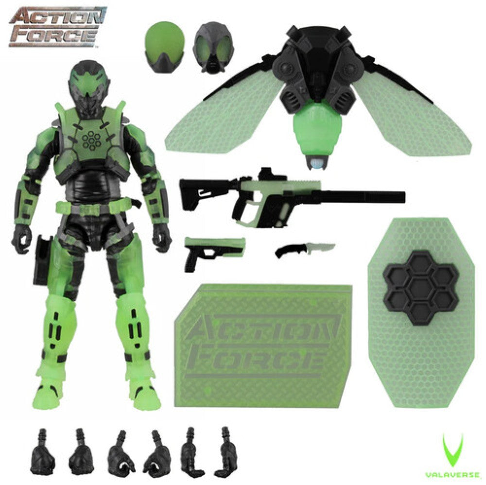 Green and black Action Force action figure with helmet, weapons, insect wings, armor parts, and display accessories
