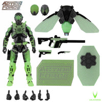 Green and black Action Force action figure with helmet, weapons, insect wings, armor parts, and display accessories