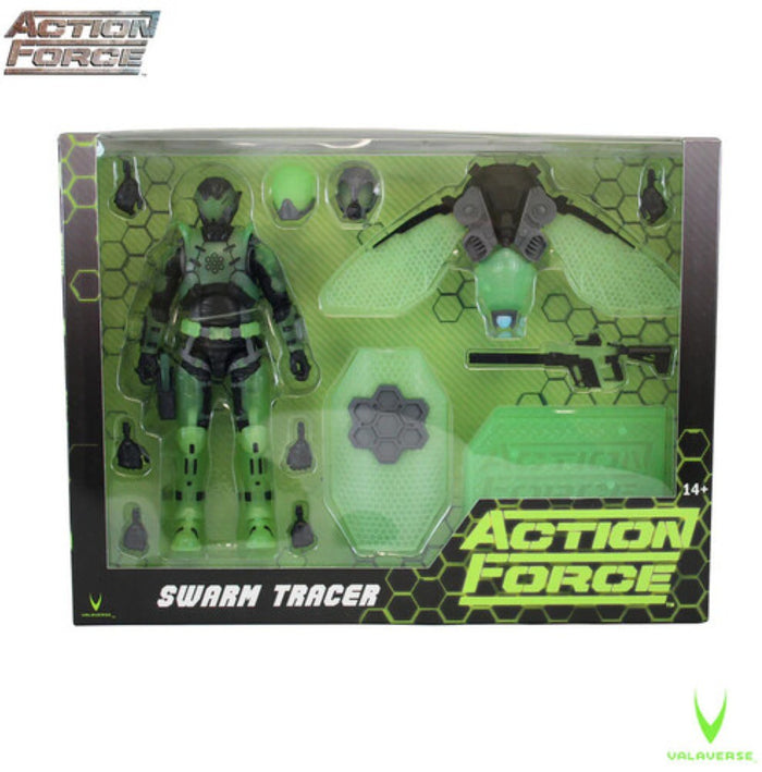 Green action figure with accessories displayed in a clear box marked Action Force Swarm Tracer