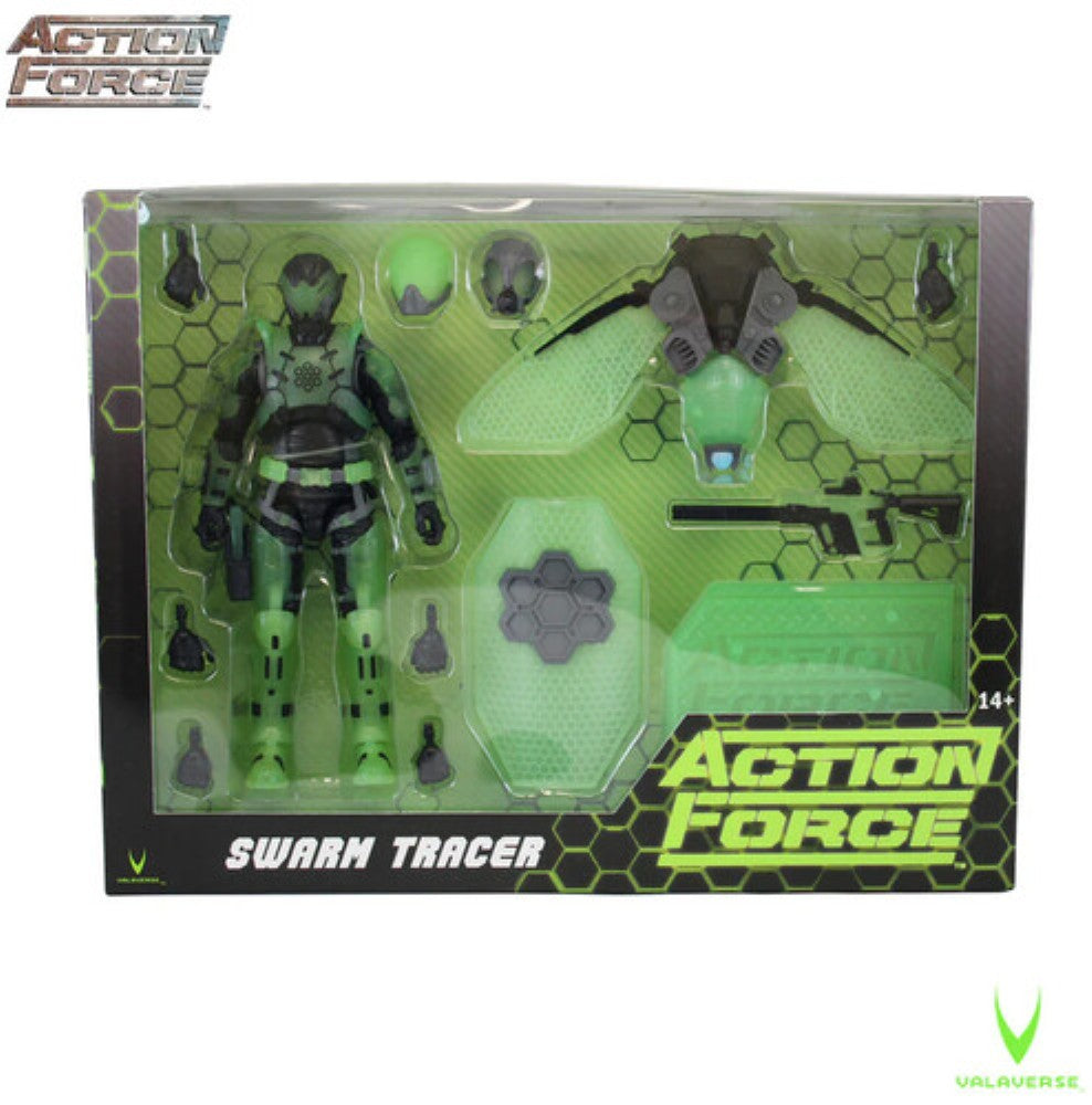 Green action figure with accessories displayed in a clear box marked Action Force Swarm Tracer