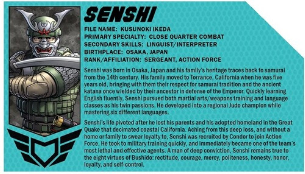 Senshi character card with an armored samurai warrior and biographical text about Kusunoki Ikeda