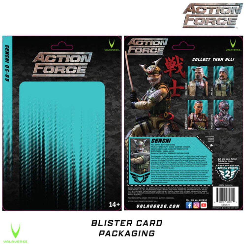 Action Force SenShi blister card packaging showing front and back artwork, character portraits, and collector details