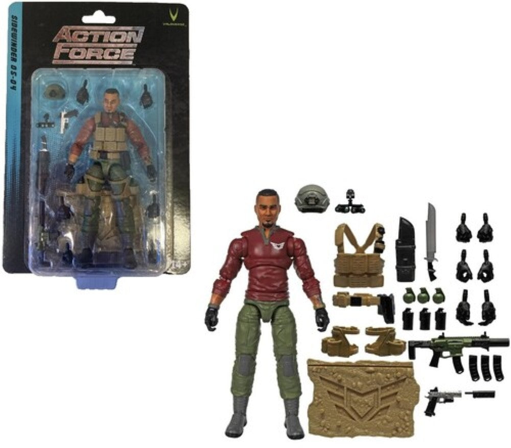 Military action figure with removable gear, weapons, accessories, and original packaging