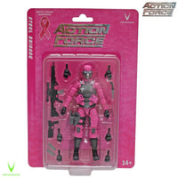 Pink armored action figure with accessories in blister packaging and a breast cancer awareness ribbon emblem