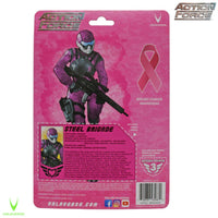 Action Force Steel Brigade cardback featuring an armored soldier and pink breast cancer awareness ribbon