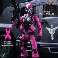 Pink armored action figure holding a rifle beside a vehicle with a breast cancer awareness ribbon