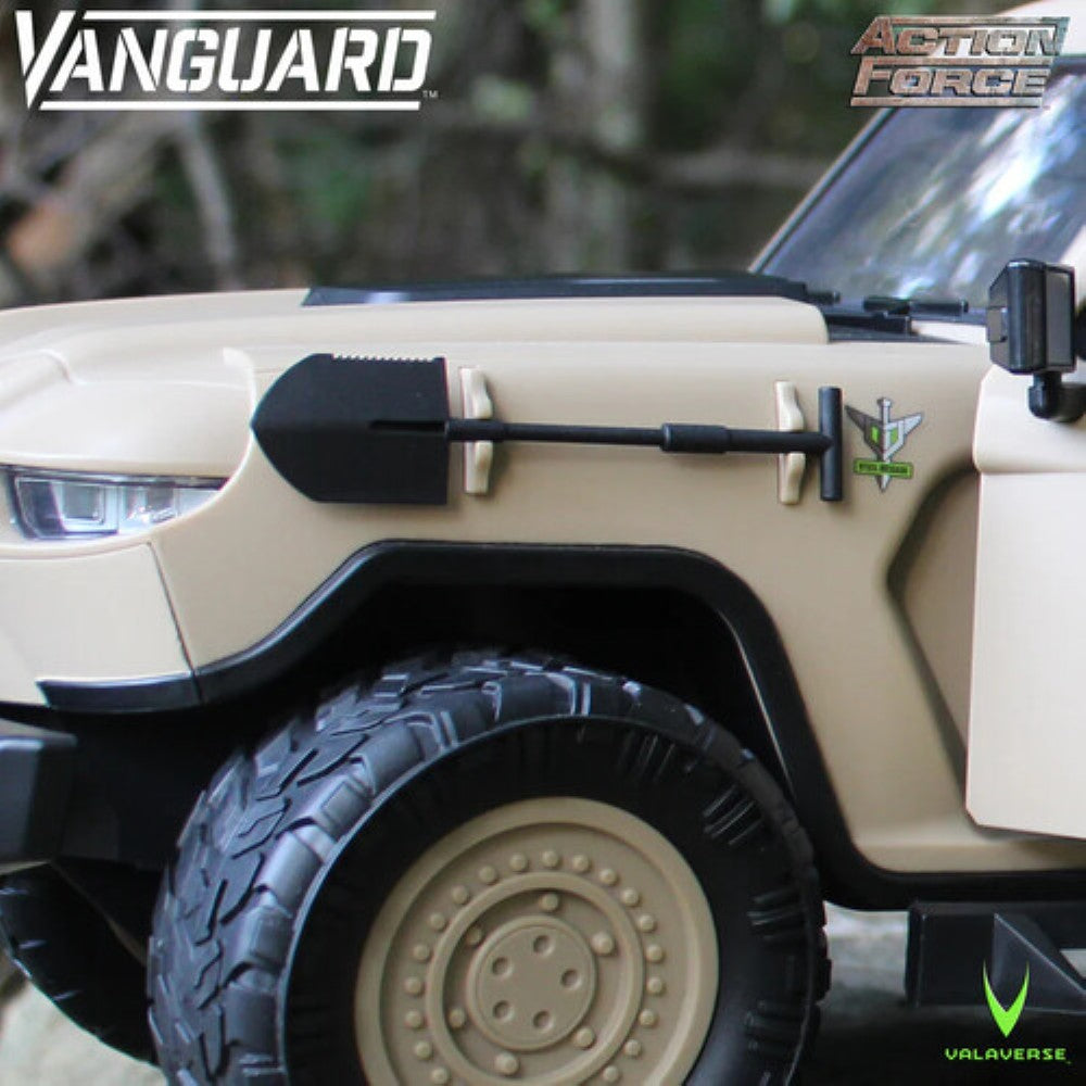 Close up of a beige off road vehicle toy with Vanguard and Action Force logos