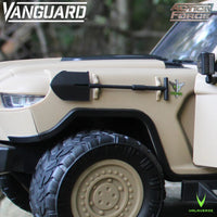 Close up of a beige off road vehicle toy with Vanguard and Action Force logos