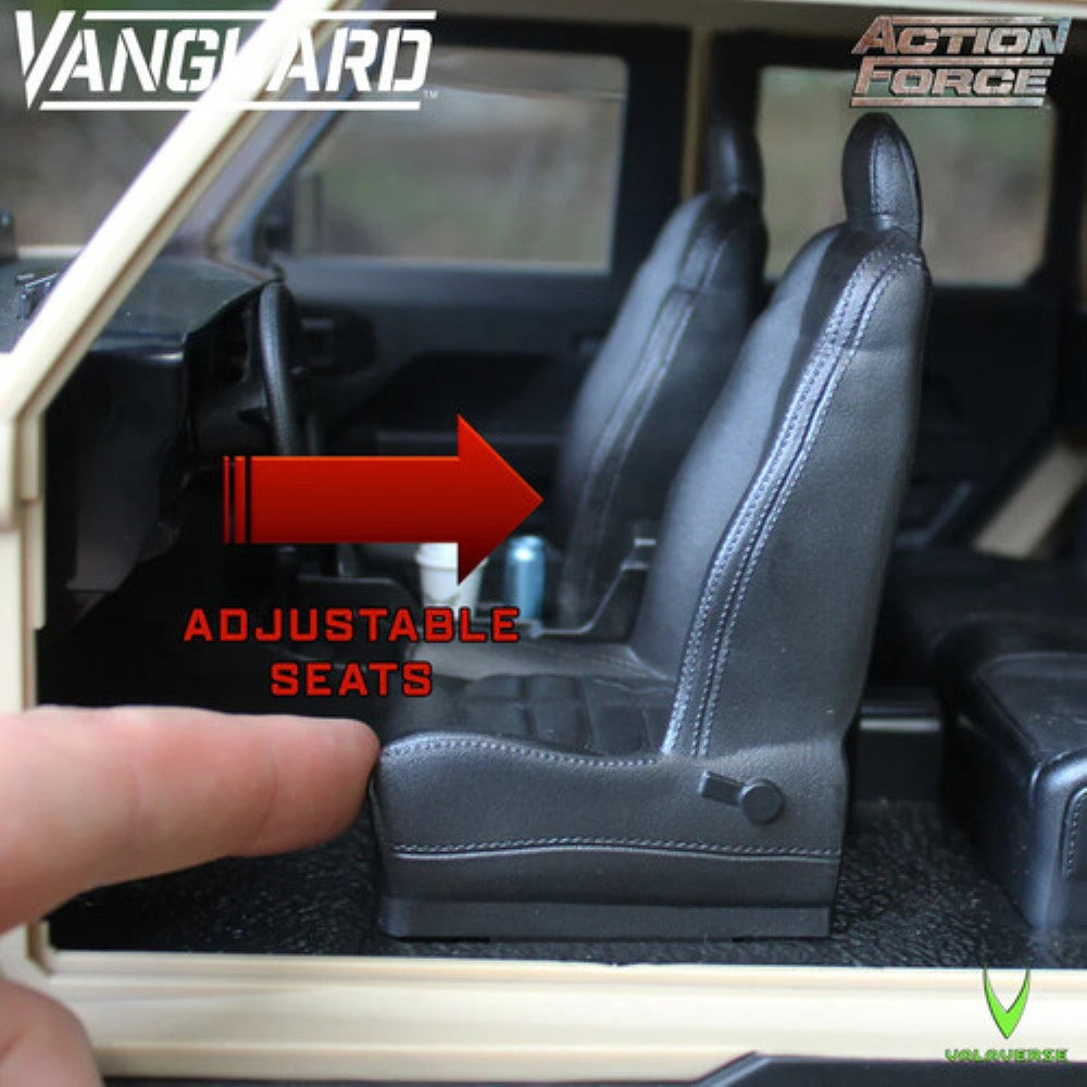Vanguard Action Force vehicle interior with adjustable black seats and a red directional arrow