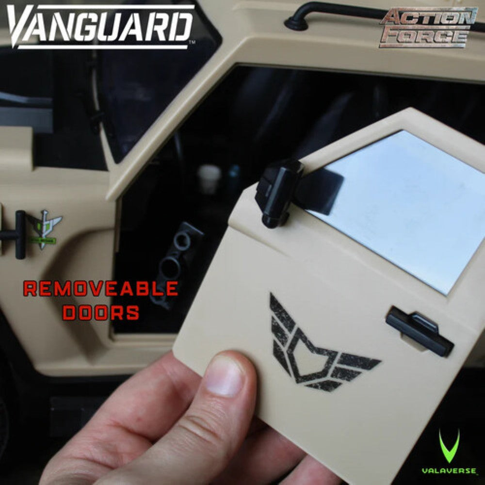 Hand holding a beige toy vehicle door with a black emblem and removable doors text beside the vehicle body