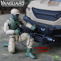 Vanguard action figure beside a rugged vehicle with a working winch