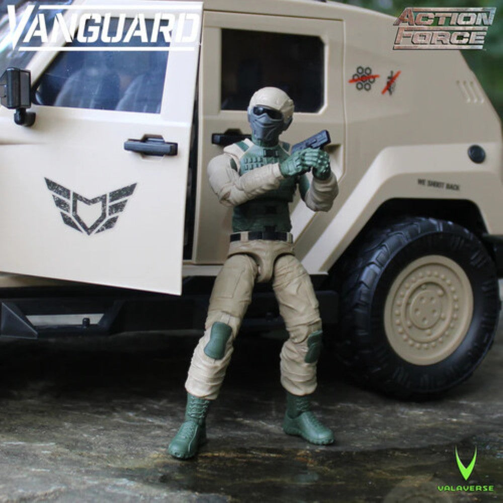 Masked action figure holding a rifle beside a beige Vanguard Action Force armored vehicle