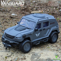 Gray armored off road vehicle toy on rocky ground with Vanguard and Action Force logos