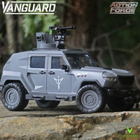 Gray armored vehicle with roof mounted gun and Vanguard Action Force logos