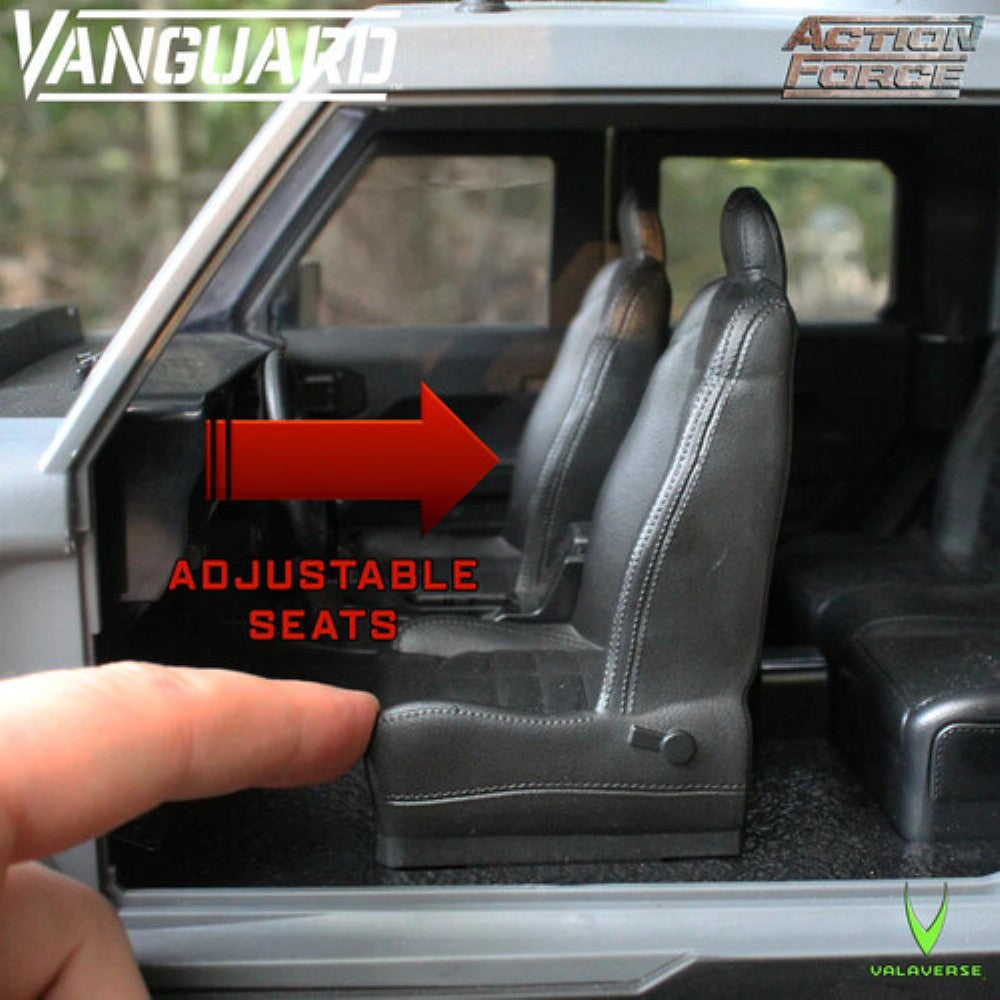 Action Force vehicle interior showing two black seats labeled Adjustable Seats