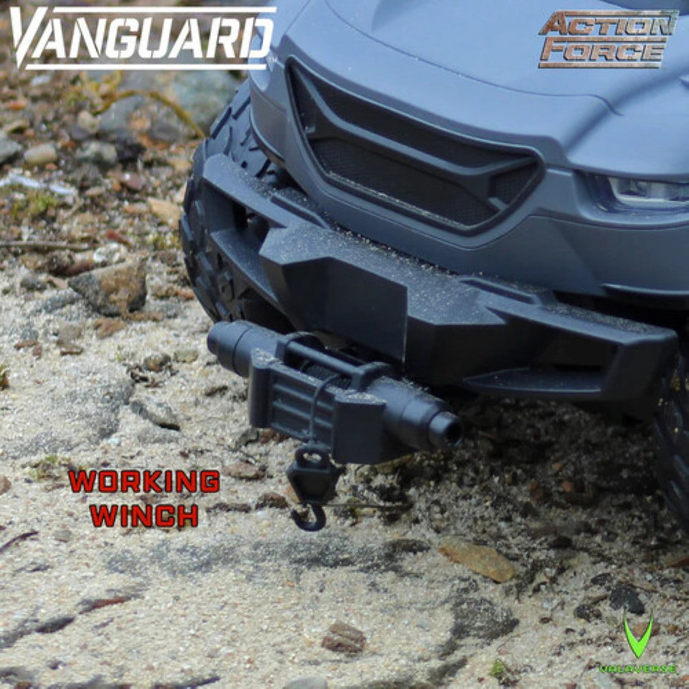 Blue off-road vehicle front with winch on rocky terrain, featuring Vanguard and Action Force logos and Working Winch text