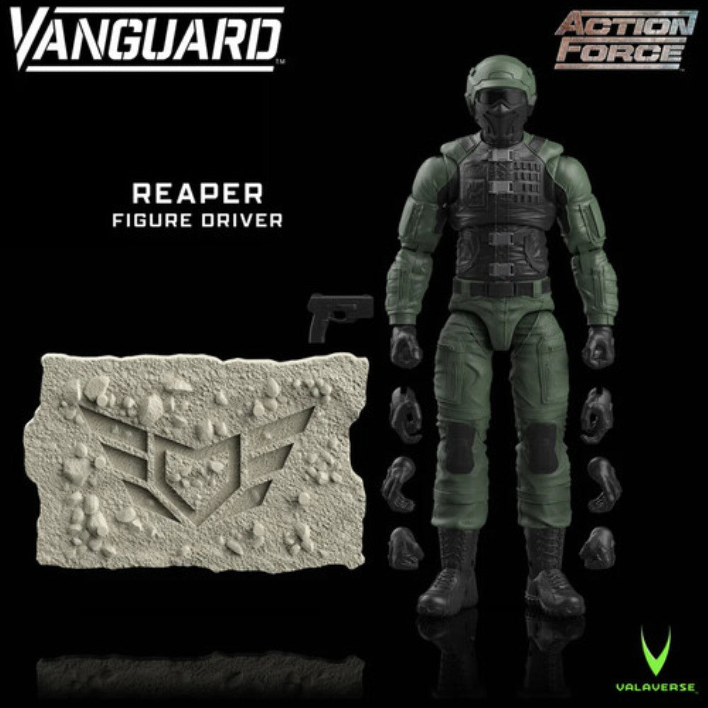 Vanguard Action Force Reaper figure driver with interchangeable hands, pistol, and textured display base