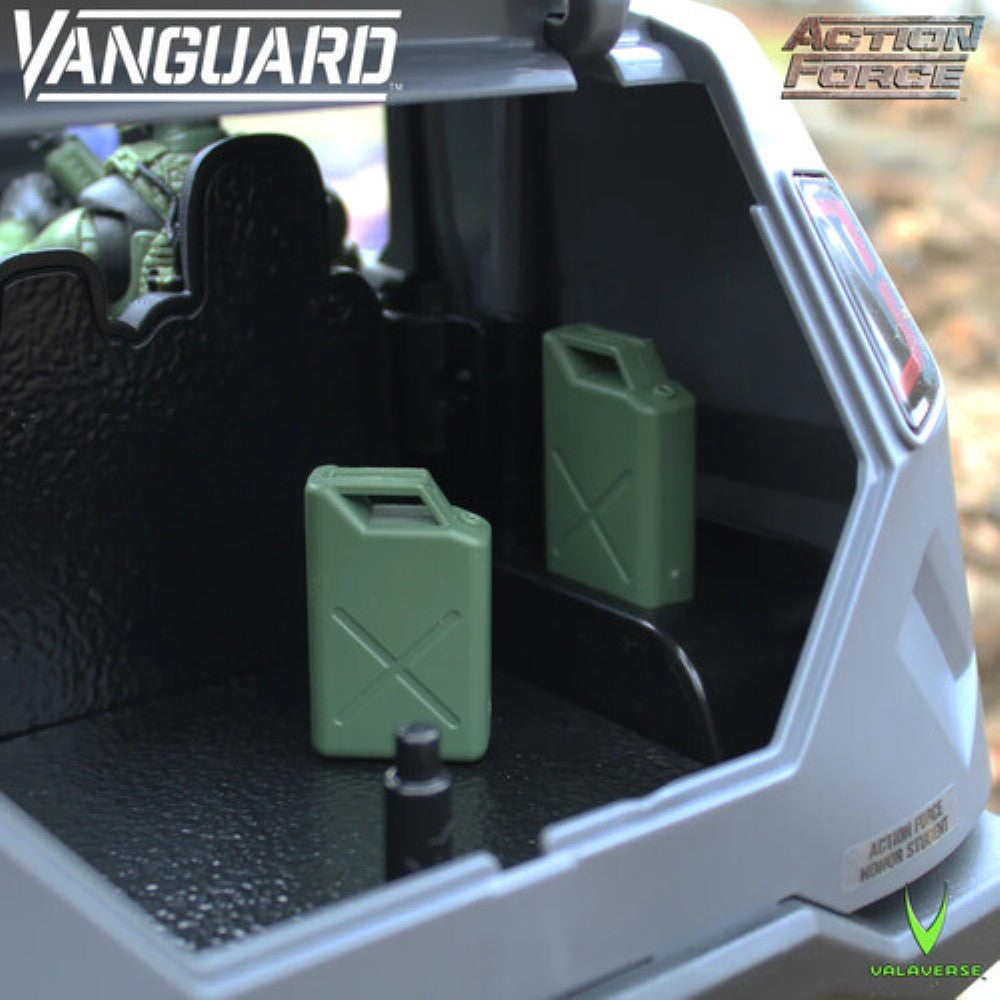 Vanguard Action Force toy vehicle interior with two green fuel cans and military style seating