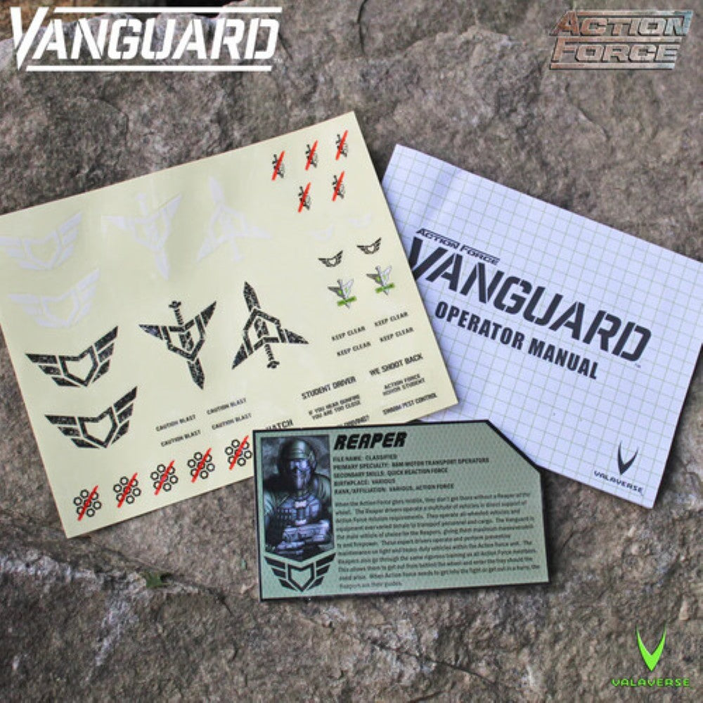 Vanguard Action Force operator manual, decal sheet, and Reaper character card on a rocky background