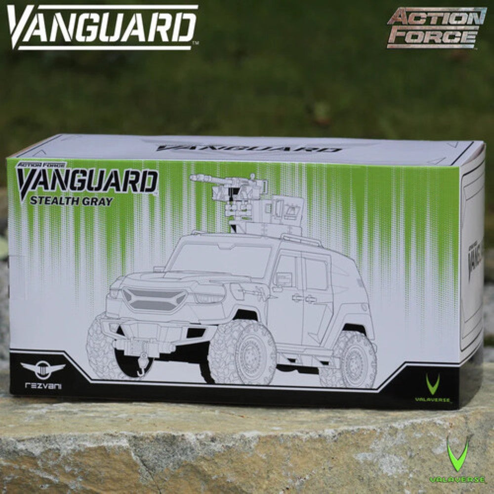 Vanguard Stealth Gray armored vehicle model kit box with Action Force and Valaverse logos