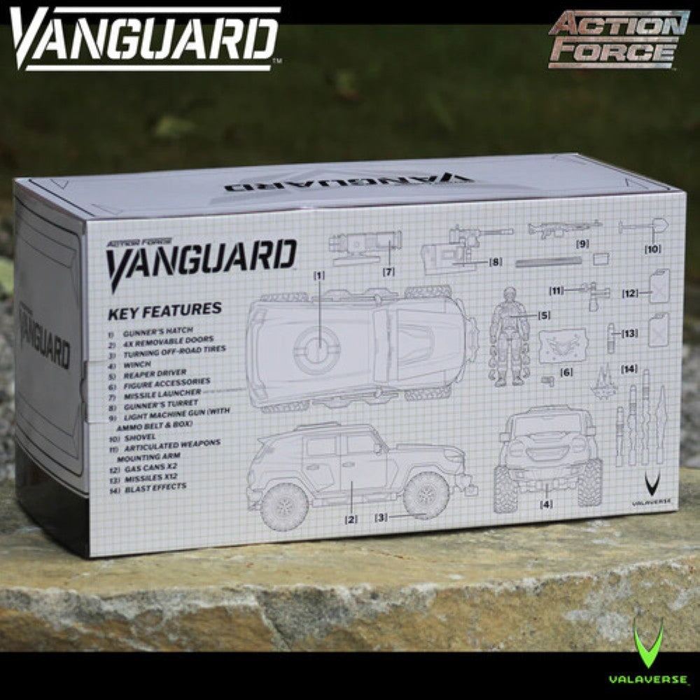 Action Force Vanguard vehicle box displaying technical diagrams and key features outdoors on a stone surface