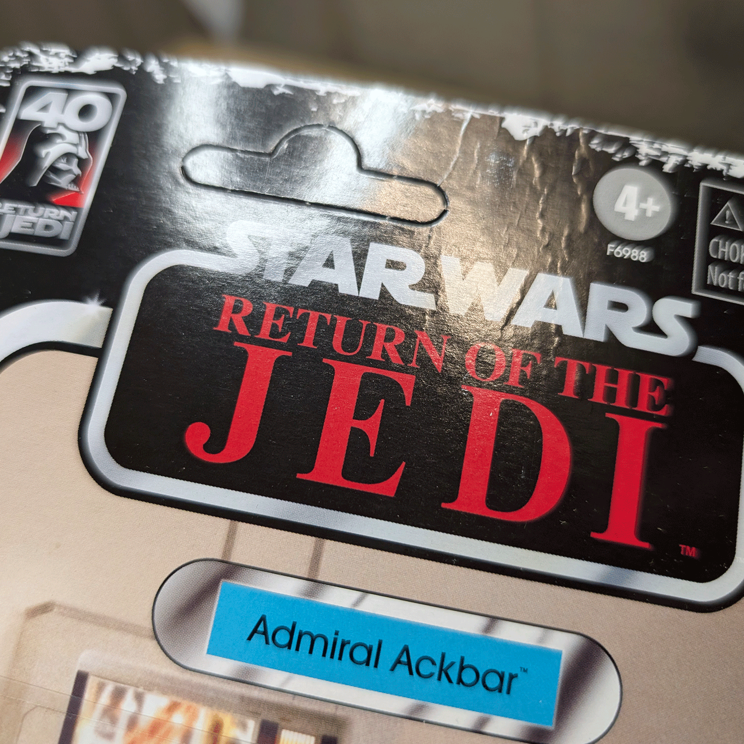 Kenner Star Wars Return of the Jedi Admiral Ackbar action figure packaging close-up with logo and age label visible