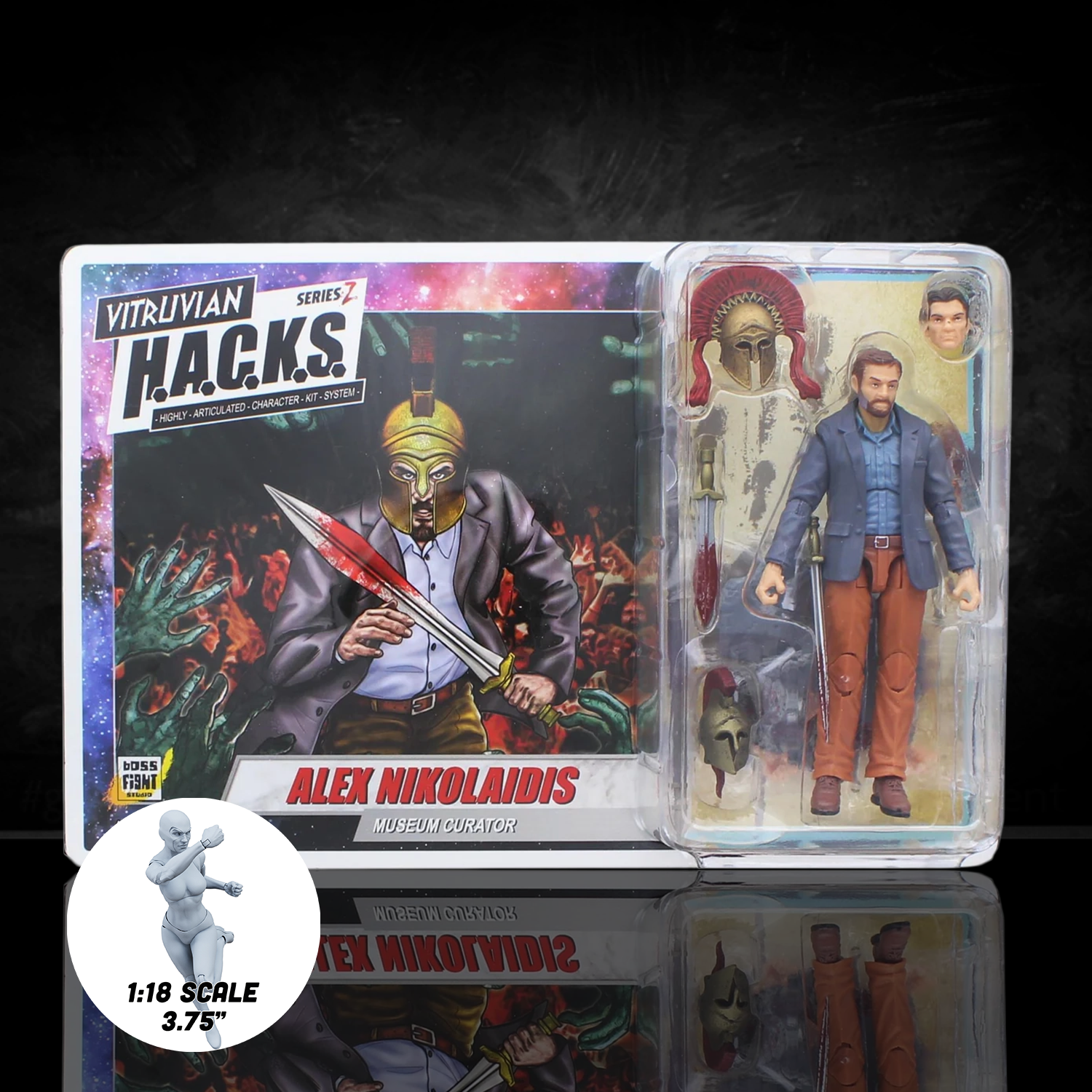 Action figure in packaging with 'Vitruvian' branding on a dark background