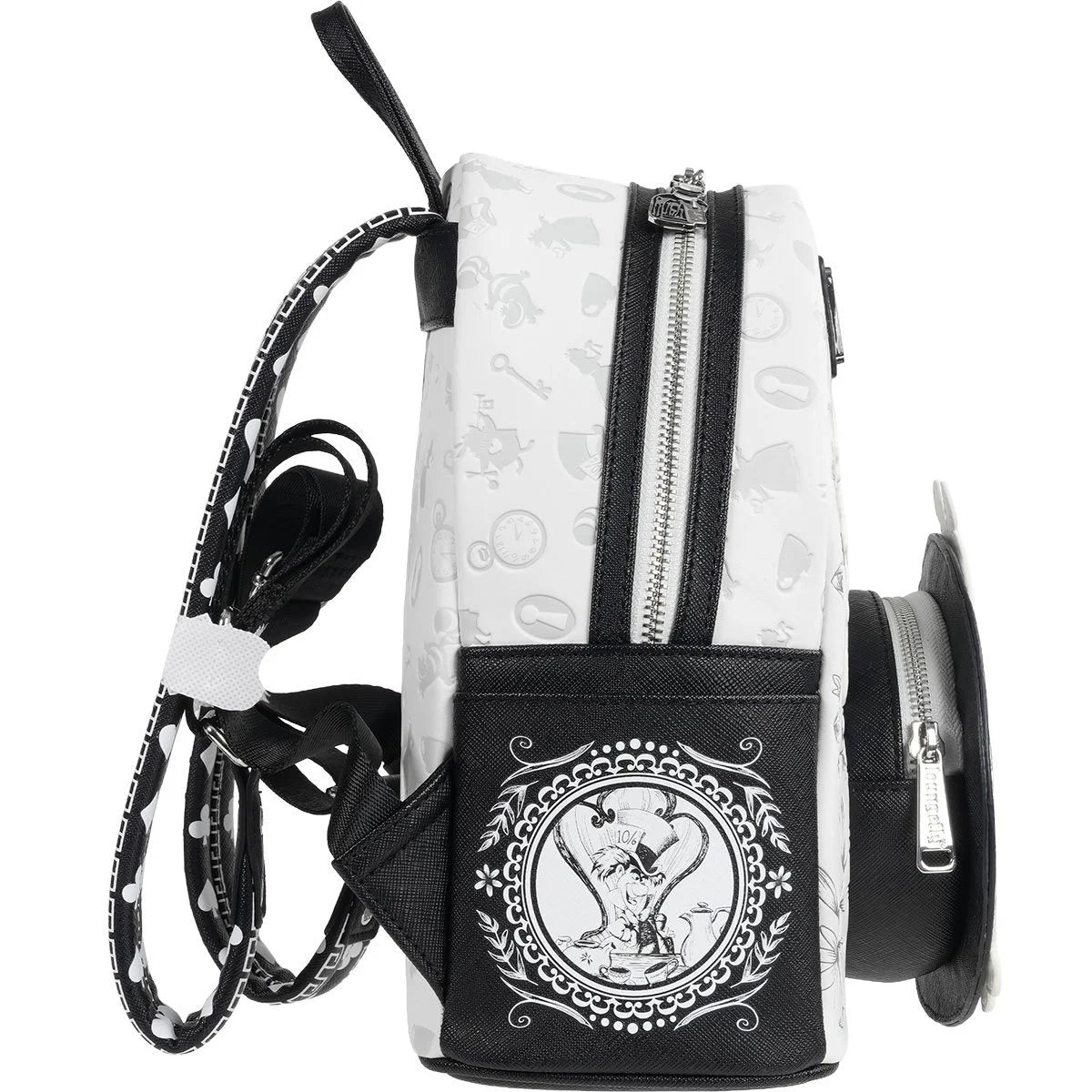 Side view of a small backpack with black and white design and a circular character emblem on the front pocket.