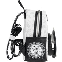 Side view of a small backpack with black and white design and a circular character emblem on the front pocket.
