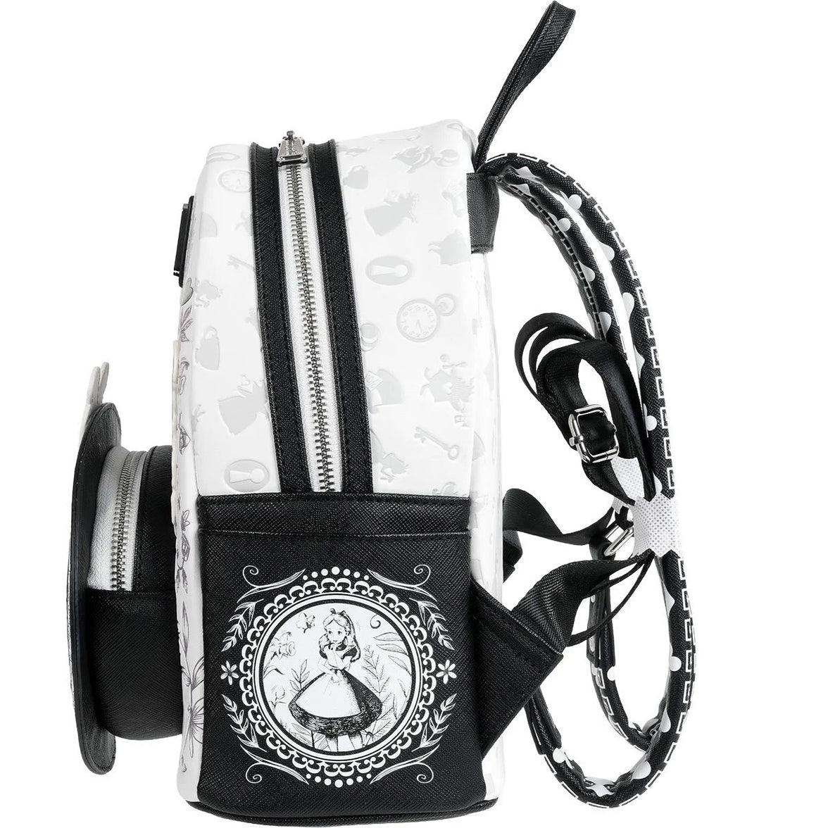 Loungefly Alice in Wonderland Sketch Mini-Backpack - Entertainment Earth Exclusive|Authentic with Tags side view with black and white design