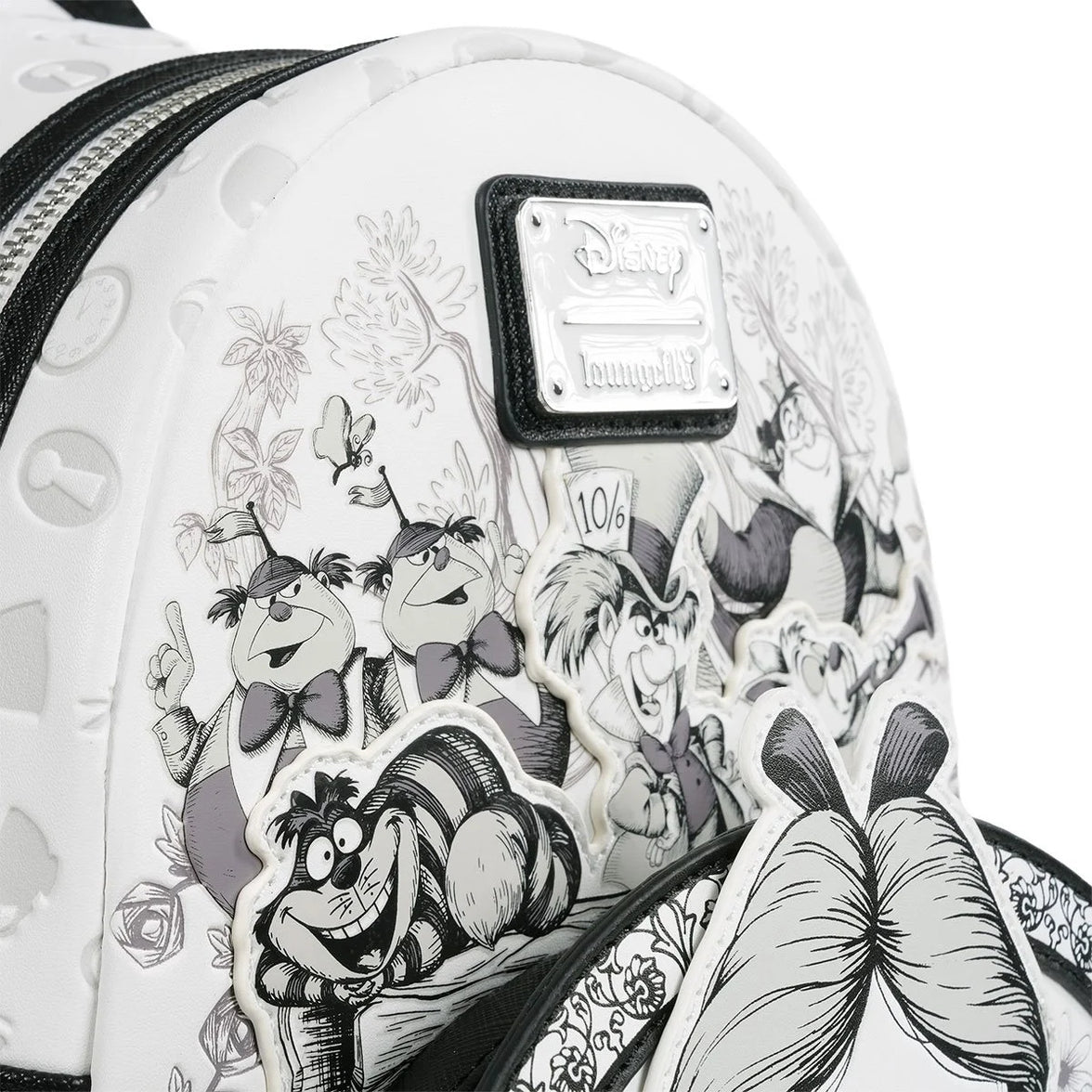 Loungefly Alice in Wonderland Sketch Mini-Backpack - Entertainment Earth Exclusive|Authentic with Tags with black and white character design