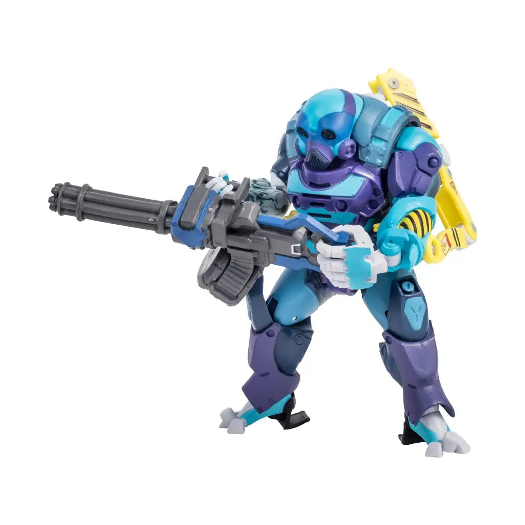Sabotage 1:12 Scale 6" ReVAMP's Rogue Cyber-Soldier Action Figure by Alter Nation in teal, purple armor holding large futuristic firearm