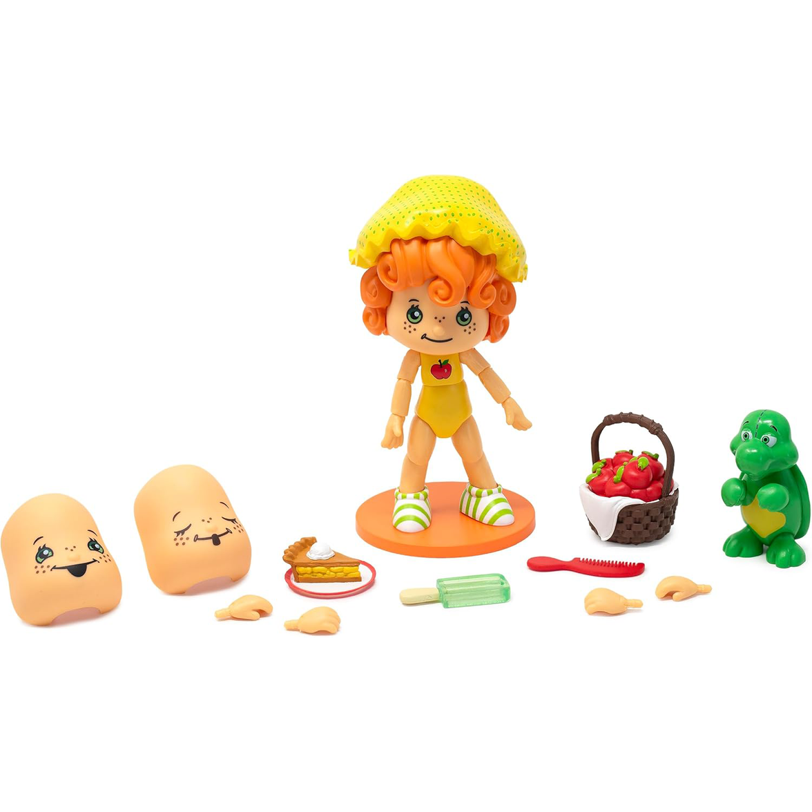 Boss Fight Studio Llc Apple Dumplin figure with yellow bonnet, green striped slippers, basket, pie, popsicle, comb, and green dinosaur toy