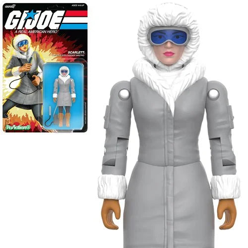Super7 GI Joe Scarlett Arctic figure in gray parka with blue goggles holding black geiger counter accessory in packaging