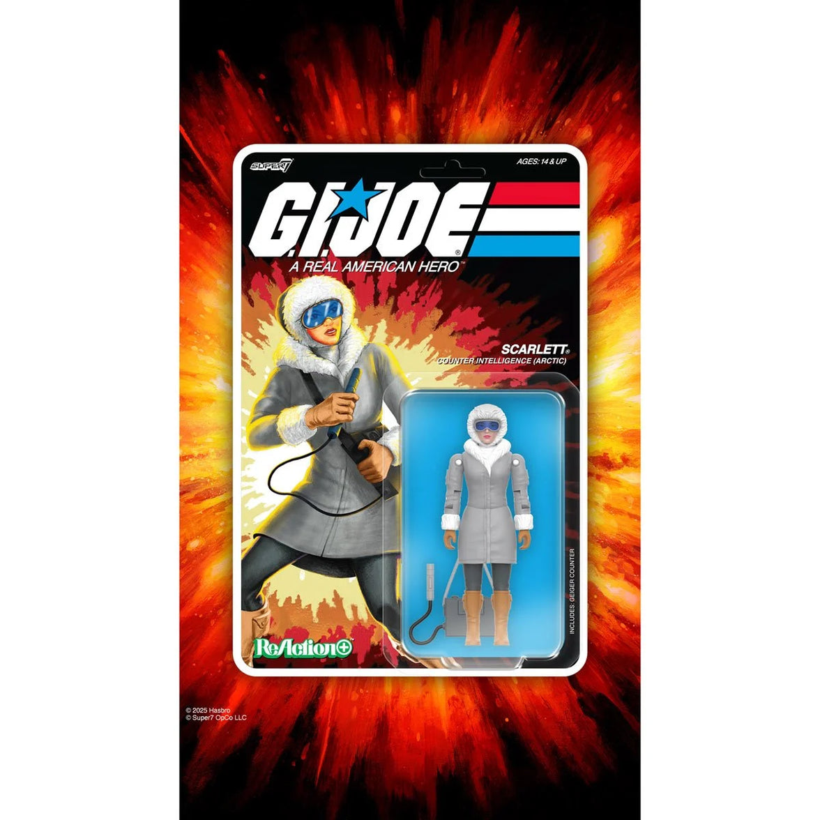 Super7 G.I. Joe Scarlett Arctic figure in gray parka with geiger counter accessory in retro style blister card packaging