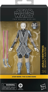 Hasbro Star Wars Black Series Asajj Ventress 6-inch figure with dual red lightsabers and alternate mask in packaging