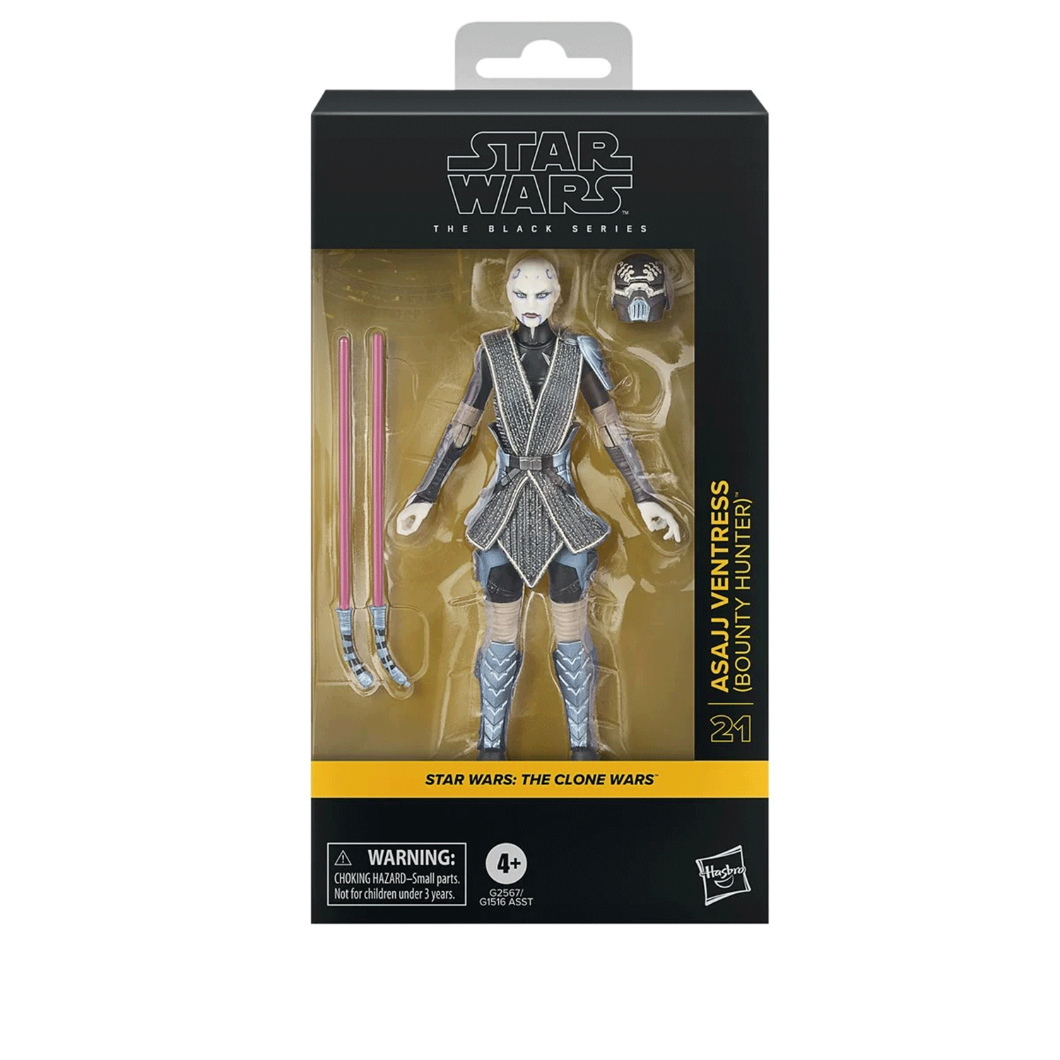 Hasbro Star Wars Black Series Asajj Ventress 6-inch action figure with dual purple lightsabers in window box packaging