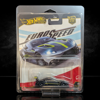 Hot Wheels Premium Euro Speed die-cast car in black with yellow accents and detailed Real Riders wheels in collector packaging