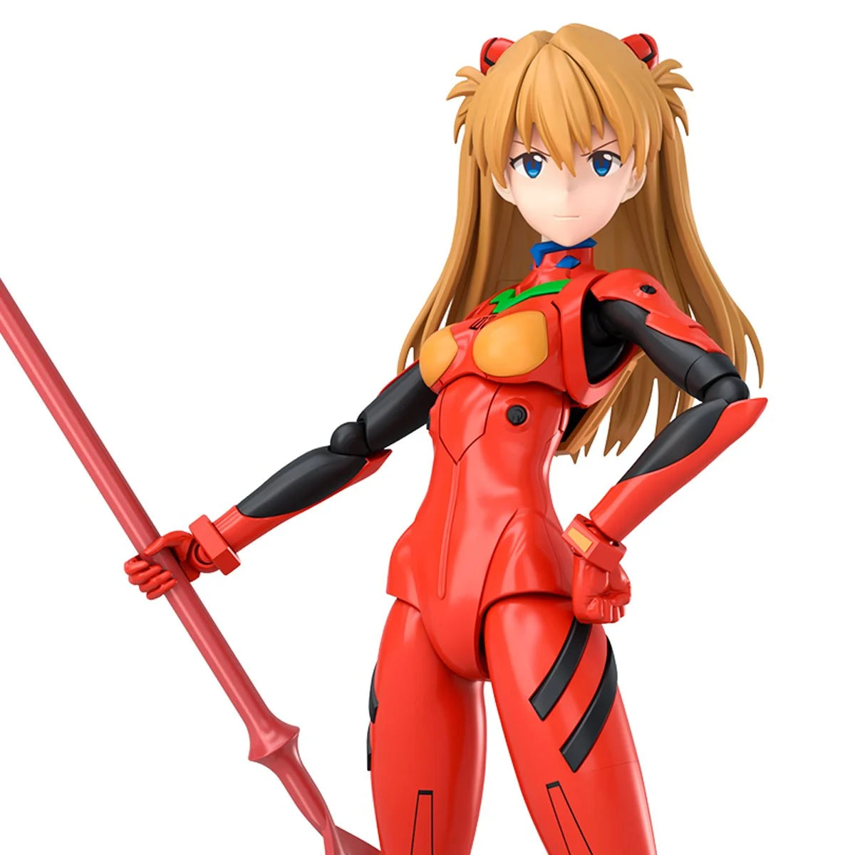 Female anime figure with long light brown hair in a red and black bodysuit holding a long red staff on white background