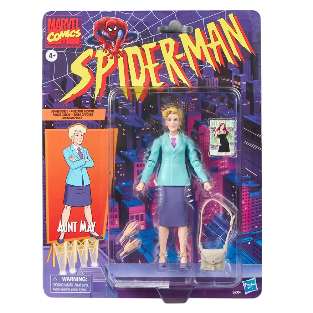 Marvel Comics Spider-Man Aunt May action figure in teal jacket and purple skirt packaging