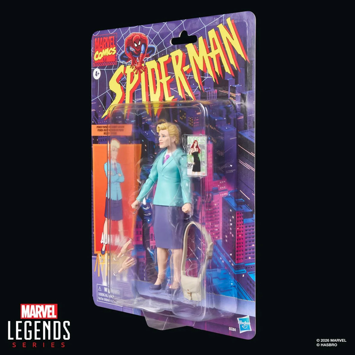 Marvel Legends Spider-Man figure in packaging featuring a woman in a teal suit