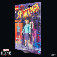 Marvel Legends Spider-Man figure in packaging featuring a woman in a teal suit