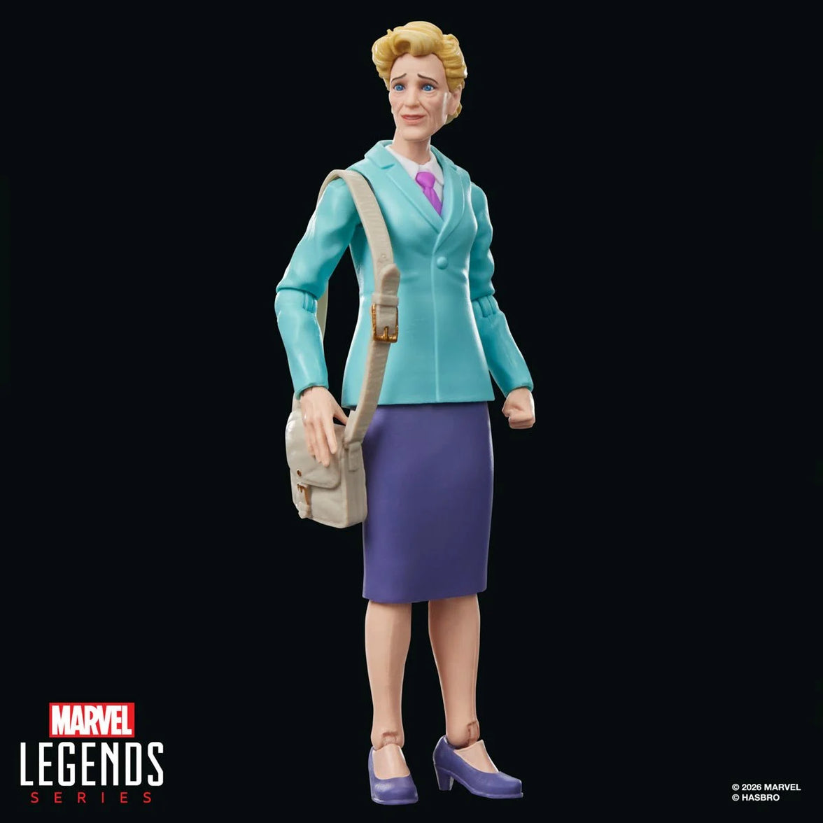 Marvel Legends Series figure of a blonde woman in a teal blazer, purple skirt, and shoulder bag against a black background
