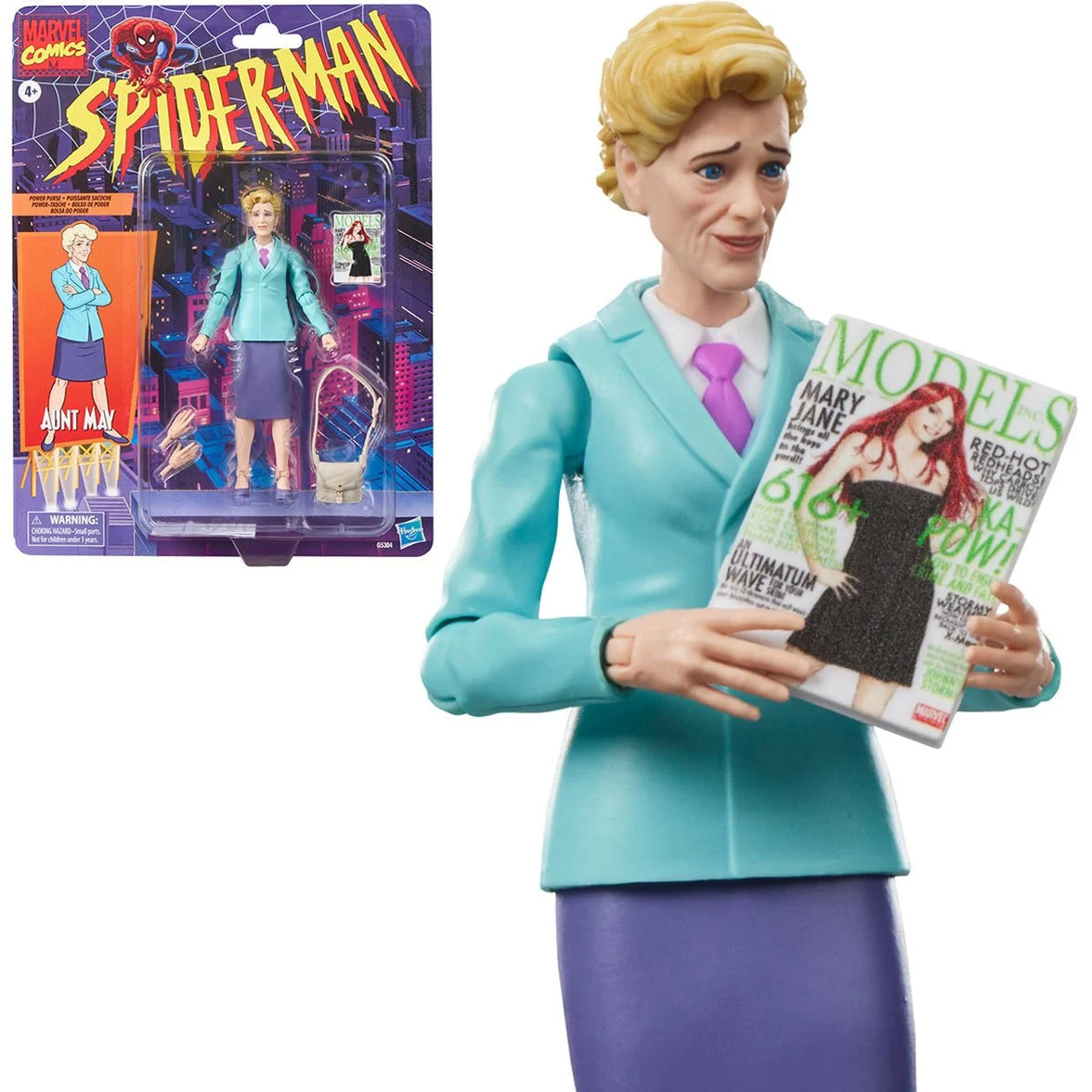 Aunt May figure holding a Models magazine beside a Marvel Comics Spider Man package