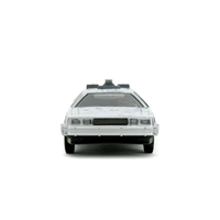 Front view of Go Figment Back to the Future Time Machine Frost 1:24 scale die-cast vehicle model
